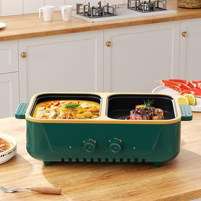 2-in-1 Electric Hot Pot and Grill Combo,1000W Dual Temper Control, Fast Heating - Indoor Cooking Appliance for BBQ, Steaks, Noodles & More - Suitable for Up to 3 People (Green T)