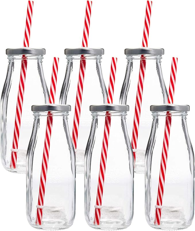 Estilo Glass Milk Bottle with Lid - Milk Glass - Reusable Glass Bottle for Dairy Milk With Straws & Metal Screw On Lids, 10.5 Ounce, Clear, Set of 7