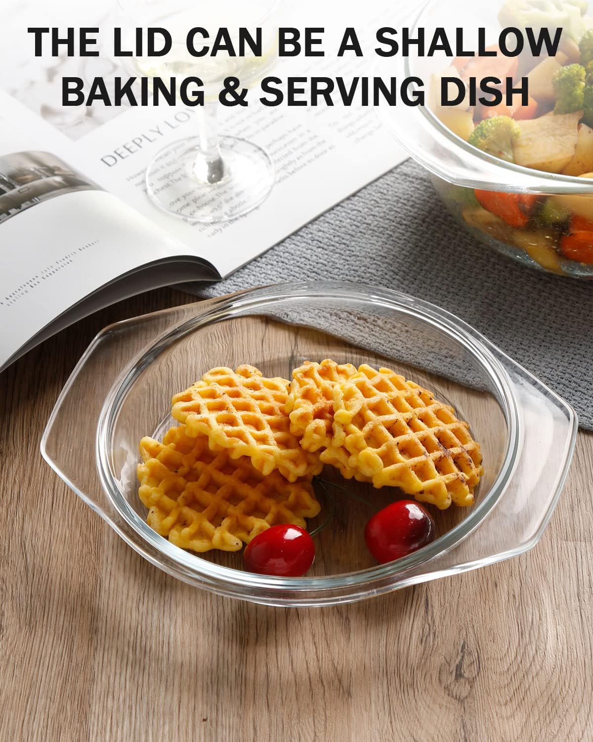 Clear Round Glass Casserole Dish With Lid Non-Plastic Lidded Casseroles Easy Grab Glass Cooking Bowls with Glass Lid, Microwave, Oven, Freezer, and Dishwasher Safe (1.5L)