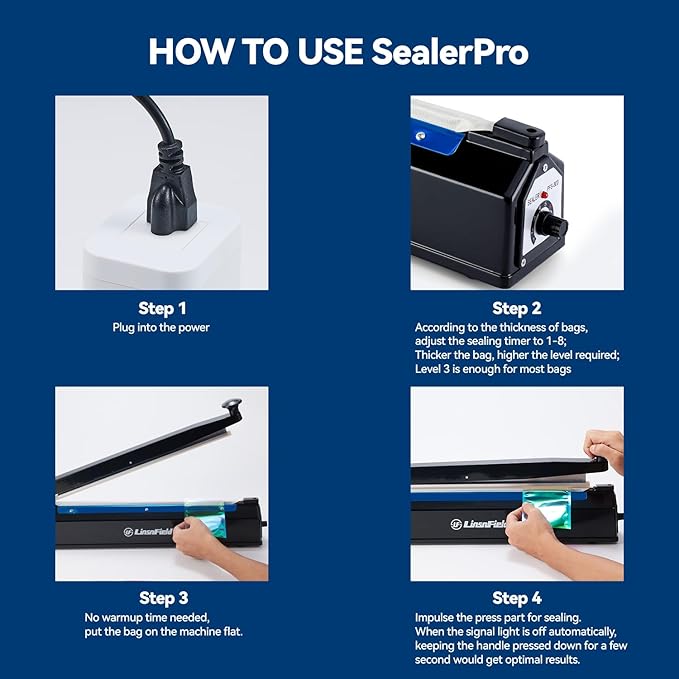 Sealer Pro, Patented 8inch Impulse Heat Bag Sealer, 2mm Sealing Width Poly Bag Seal Machine, 2 Replacement Kits 2 Fuses Included, Blue