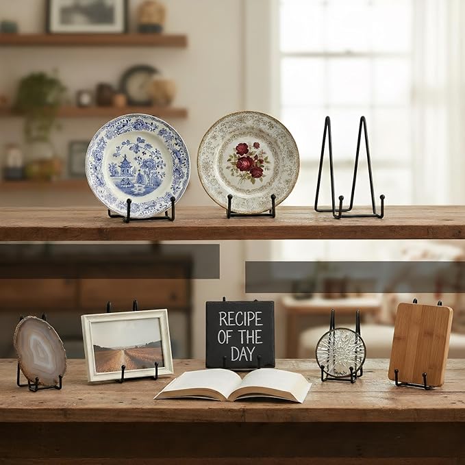 Plate Stands Holder - 3 Pack, Picture Frame Display for Bookcase, Photo on Table Top (Black, 8")