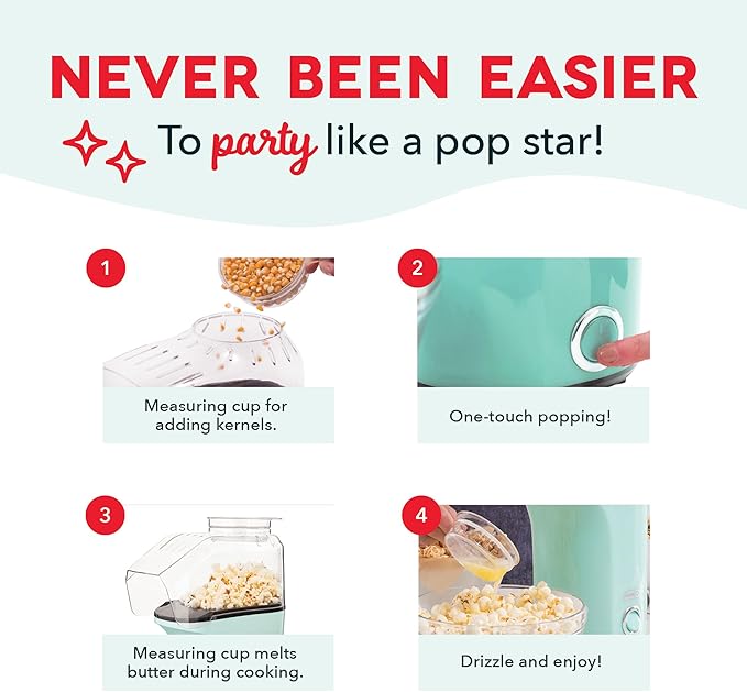 DASH Fresh Pop Popcorn Maker - Oil-Free, Air Popcorn Popper - With Measuring Cup & Recipe Guide - Perfect for Movie Nights - 16 Cups, Red