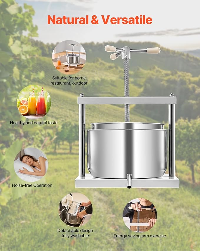 VEVOR 3.17 Gal/12L Fruit Wine Press, 2 Stainless Steel Barrels, Manual Juice Maker, Cider Apple Grape Tincture Honey Olive Oil Making Press with Triangular Handle for Outdoor Kitchen Home