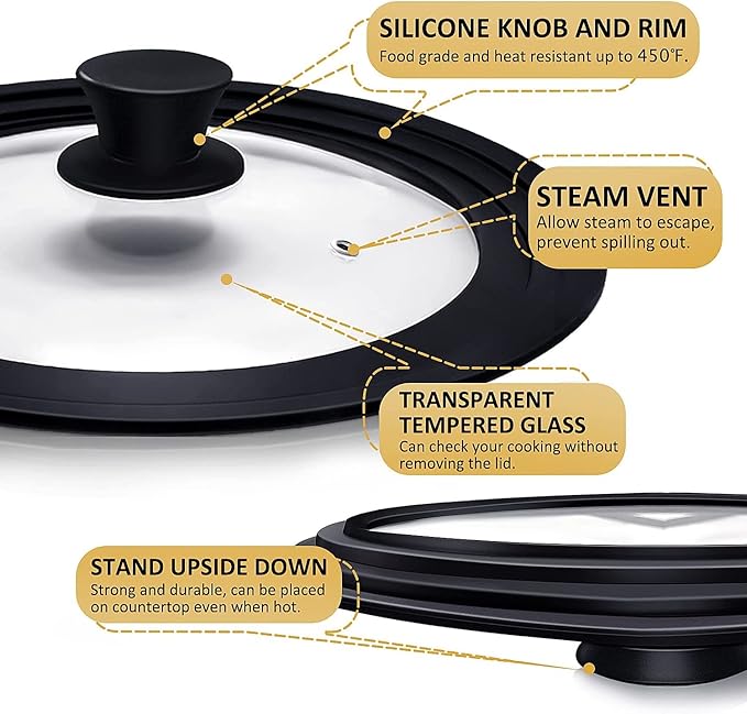 Ydeapi Universal Lids for Pots, Pans & Skillets - Fits 6.5", 7" & 8" Diameter, 9.5", 10" & 11" Diameter Cookware，Tempered Glass with High Heat Resistant Silicone Rim-2PK Cookware（2PK）
