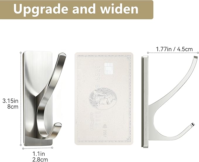 pickpiff Brushed Nickel Self Adhesive Coat Hooks for Hanging: 13LB Extra Strong Stainless Wall Hook for Towel, Utensil, Backpack, Hat, Sturdy Metal Hanger for Bathroom, Kitchen, Door, 4 Pack
