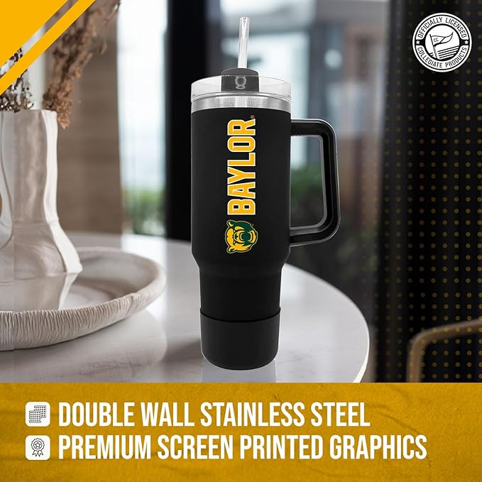 Campus Colors College & University 40 oz Travel Tumbler With Handle - Dual Option Lid With Straw - Vacuum Insulated Stainless Steel (Baylor Bears - Black)