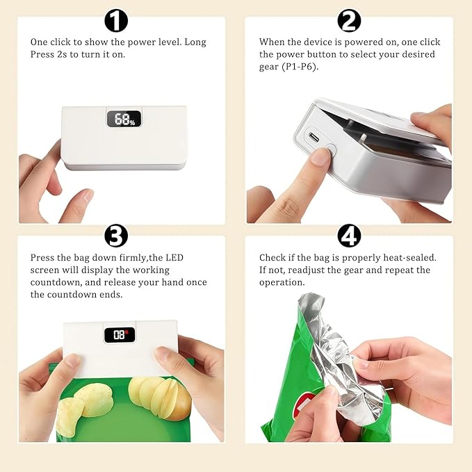 2026 New USB-C Rechargeable Mini Bag Sealer, One-Touch, Adjustable and Portable Freshness, 6-Level Adjustable Heat Sealer & Cutter, LED Display, Magnetic Base for Fridge & Kitchen (Blue)