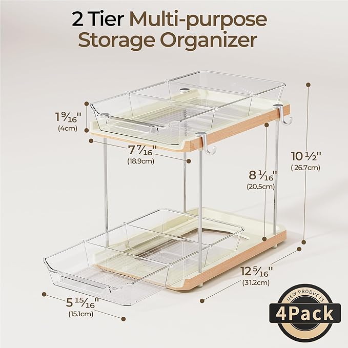 Delamu 2 Tier Bathroom Under Sink Organizers and Storage with Hook, Multi-Purpose Cabinet Drawers with Movable Dividers, Pull Out Organization for Countertop, Kitchen and Pantry(Wood Grain, 4 Pack)