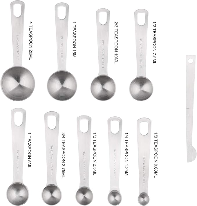 Measuring Cups and Spoons Set, 8 Stainless Steel Measuring Cups and 9 Measuring Spoons and 1 Measurer Ingredient Leveler and 1Magnetic Conversion Chart and 2 Rings