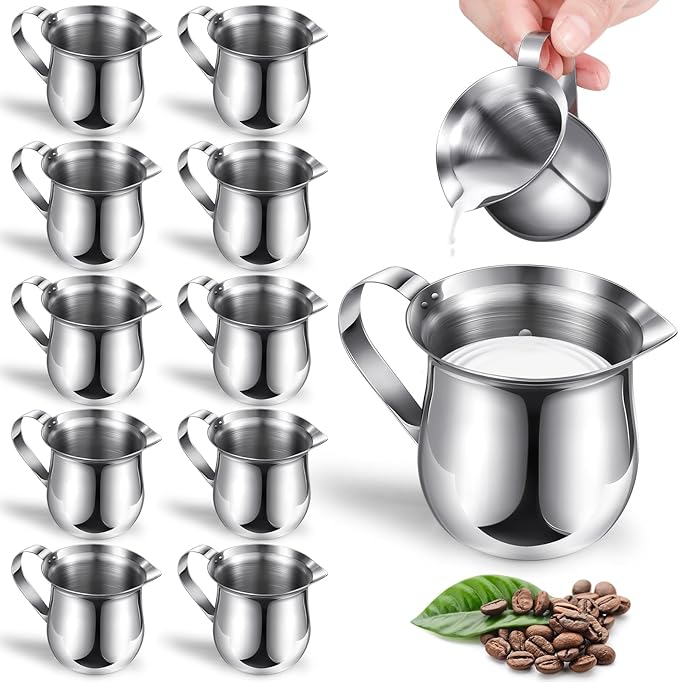 Potchen 12 Pack Stainless Steel Bell Creamers 3 Ounce Creamer Pitcher Mini Coffee Milk Pitchers with Handle and Pouring Spout Cups for Serving Espresso, Tea, Milk, Maple Syrup, Sauce