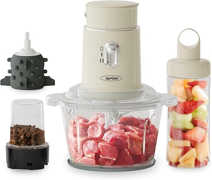 Sunvivi 250W Blender and Food Processor, 4 in 1 Electric Food Chopper for Grinding Meat, Peeling Garlic & Juicing, Variable Speed with 1.5L Glass Bowl & 2 Cups (0.4L+0.2L)
