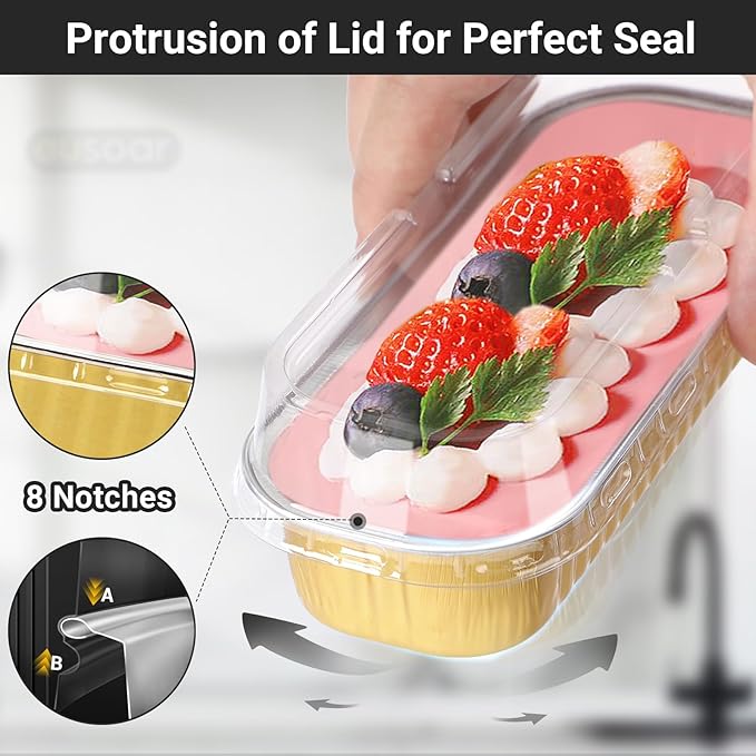 EUSOAR Baking Cups with Lids, 100pcs 6.8oz 6.5"x2.5"x1.2" Gold Aluminum Foil Ramekins Baking Cups Mini Loaf Pans with Lids Disposable，Cupcake Containers Cheesecake Creme Brulee Ramekins Pan