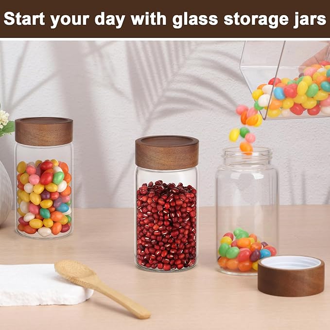 Coffee Jars Set of 2, Empty 9oz 270ml Glass Storage Jars with Airtight Wood Lids, Screw Top Kitchen Glass Container, Sugar Canister for Spice, Snacks, Loose Tea, Candy, Oats, Beans, Seasoning