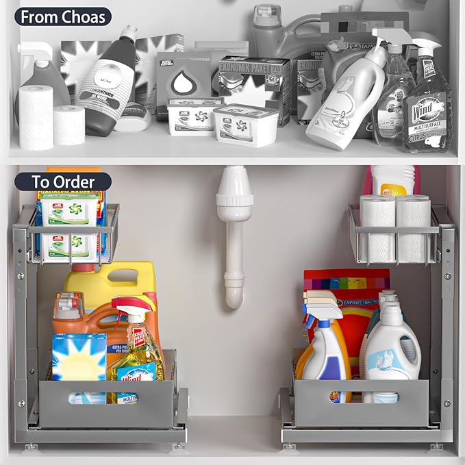 L-Shaped Under Sink Organizer, 2 Pack 2-Tier Pull Out Metal Kitchen Cabinet Organizer with Sliding Storage Drawer, Height Adjustable Heavy Duty Under Bathroom Sink Storage for Cleaning Supplies