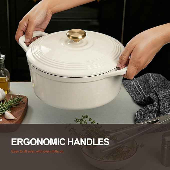Overmont Enameled Cast Iron Dutch Oven - 5.5QT Pot with Lid Cookbook & Cotton Potholders - Heavy-Duty Cookware for Braising, Stews, Roasting, Bread Baking White