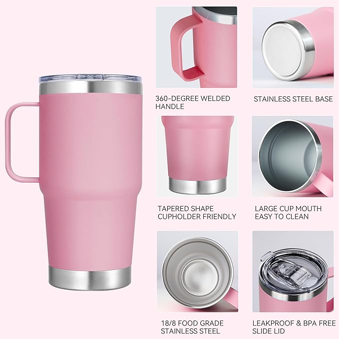 20 oz Stainless Steel Tumbler with Handle Bulk Metal Insulated Tumblers Travel Coffee Mug with Handle Double Wall Tumbler Cup with Lid and Straw, Pink 12 Pack