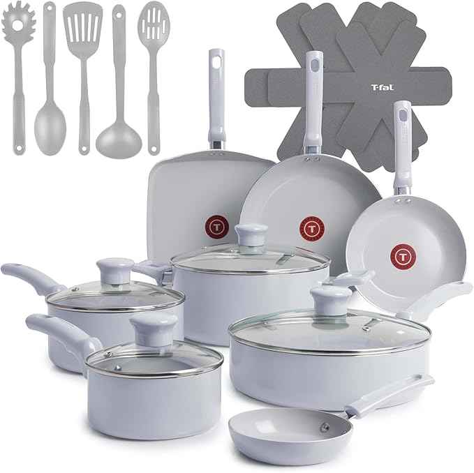 T-Fal Refresh Ceramic Nonstick Cookware Set, 20-Piece, Oven Safe to 350°F, Includes Stockpot, Griddle, Frying Pans, Utensils, Ceramic Pots and Pans Set, Blue
