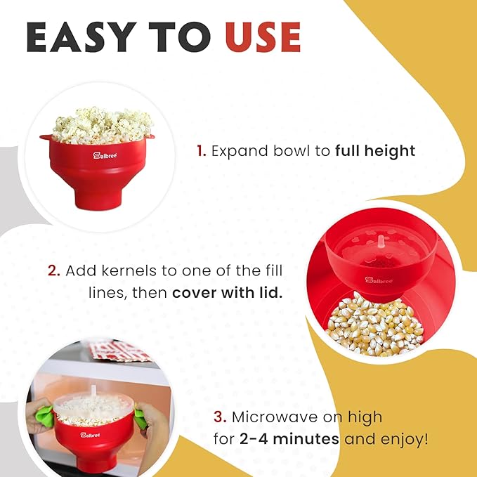 The Original Salbree Collapsible Silicone Microwave Popcorn Popper Maker Machine, Microwavable Bowl Holds 16 Cups, Uses Hot Air and Oil Always Optional - The Most Colors Available (Ruby Red)