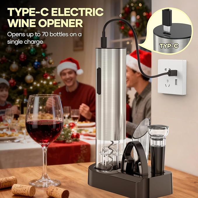 Electric Wine Opener,Rechargeable Automatic Wine Opener Corkscrew Opener Set With Wine Stopper, Foil Cutter, Wine Aerator,Storage Base & USB-C Cable Christmas Gifts for Wine Lovers