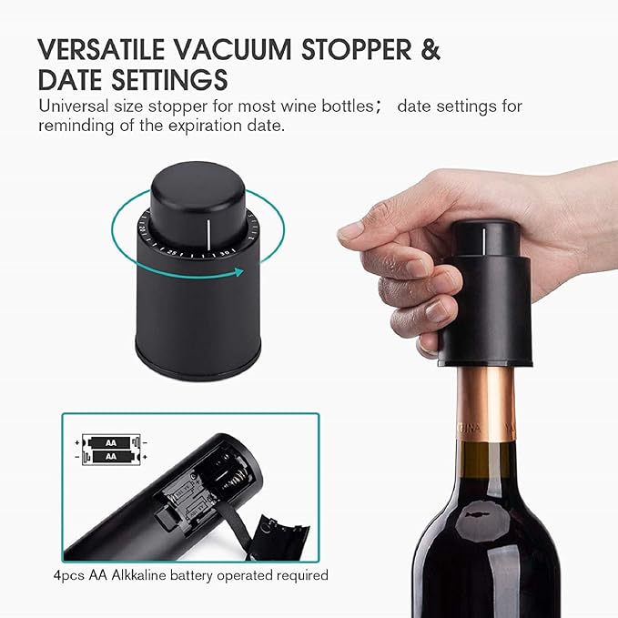 ueecool Electric Wine Opener Set, Automatic Corkscrew Set Contains Foil Cutter, Vacuum Stopper with Time mark, Wine Aerator Pourer (4 Piece Gift Set) with LED Light for Home Kitchen Party