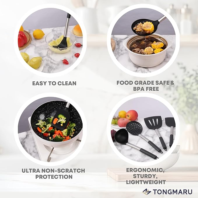Large Silicone Kitchen Cooking Utensils Set, 11 pcs Cooking Utensils, Kitchen Tools Gadgets for Nonstick Cookware, Spatula, Turner, Masher, Ladle, Strainer, Server, BPA FREE, Dishwasher Safe (Black)