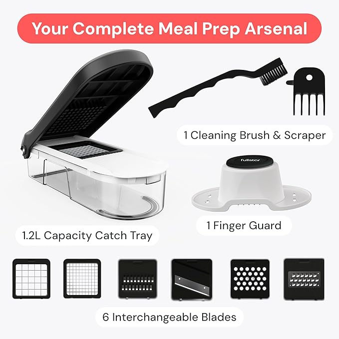 Fullstar Mandoline Slicer for Kitchen - Vegetable Chopper, Onion Potato Food Veggie Fruit Slicer and Cutter with Container, Kitchen Gadgets & Gifts, Home Essentials (6-in-1, Black)