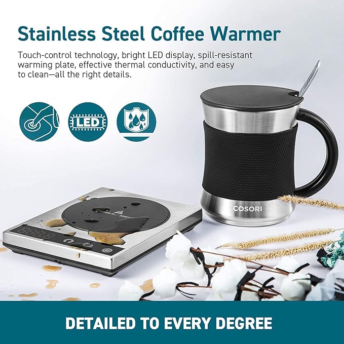 COSORI Coffee Mug Warmer & Mug Set for Desk, Cup Heater, Office & Christmas Gifts, 1°F Precise Temperature Control, Touch Tech & LCD Digital Display (77-194℉), 304 Stainless Steel, Silver/Black