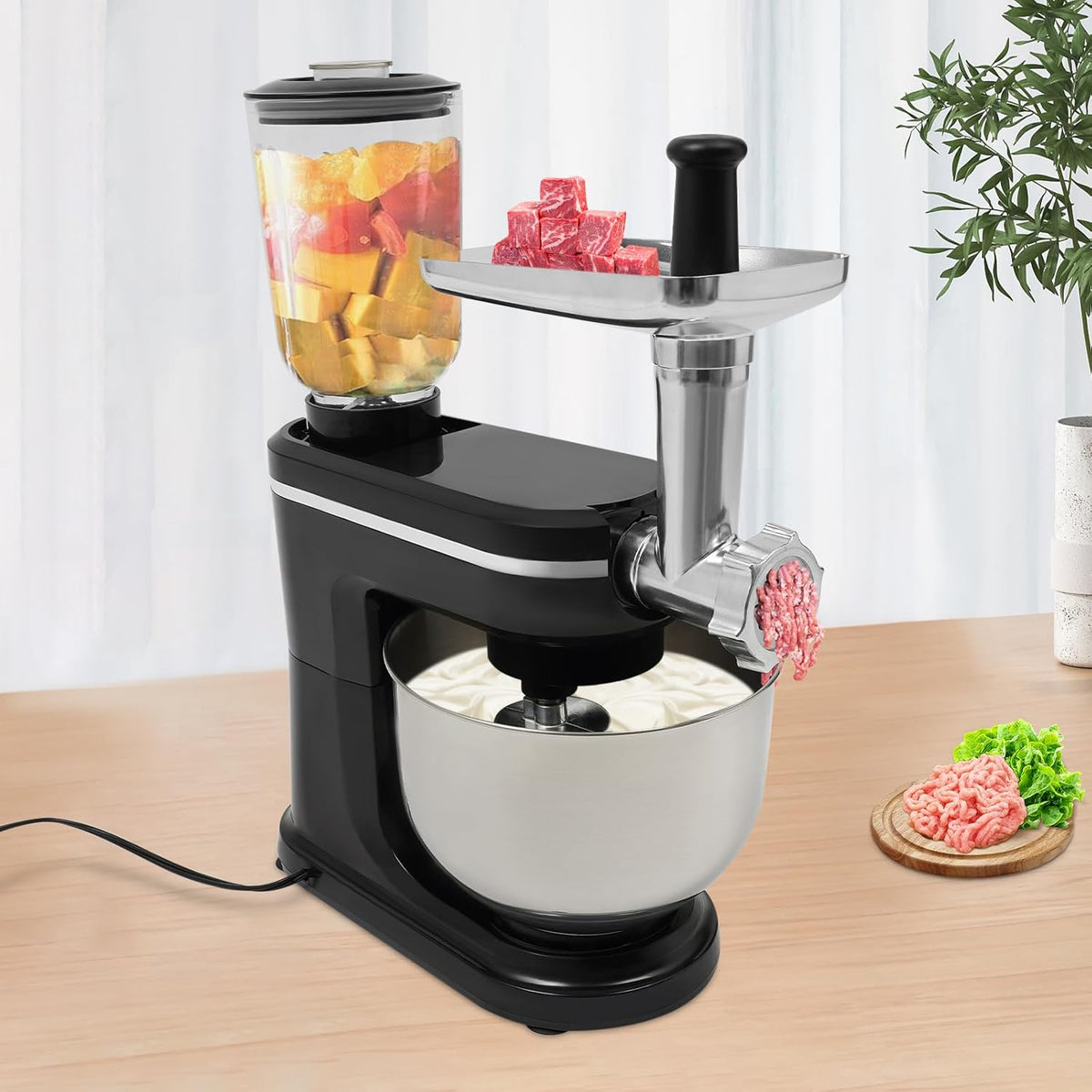 Stand Mixer, 3-in-1 Food Processor Multifunctional Electric Kitchen Mixer with 6 Accessories for Most Home Cooks, 6.34 Qt (Black)