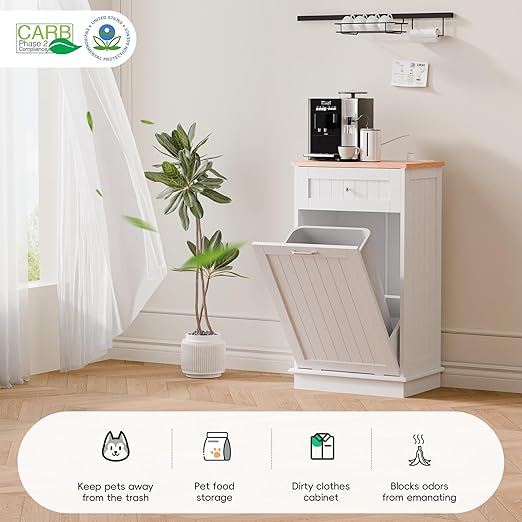 Betterhood Double Tilt Out Trash Cabinet with Power Outlet, 10 Gallon Trash Cabinet with Storage,Pet Proof Trash Can with 2 AC & USB Sockets for Kitchen,Living Room (White, Single Door)