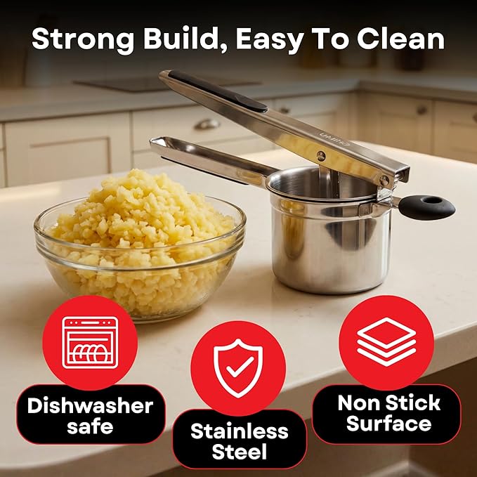 Large 15oz Potato Ricer with 3 Interchangeable Discs - Professional Stainless Steel Masher for Fluffy Mashed Potatoes, Gnocchi & Guacamole - Ergonomic Silicone Handles, Heavy Duty & Dishwasher Safe
