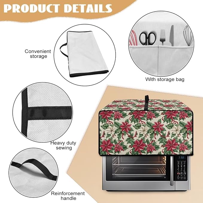 Air Fryer Toaster Oven Dust Cover Dustproof Convection Oven Cover with Side Pockets for Small Kitchen Appliances, L, 18.5 x 22.5 x 13 Inches, Poinsettia Flower Christmas Decor