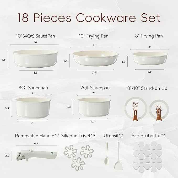CAROTE 18Pcs Ceramic Cookware Set with Detachable Handle, Pots and Pans Set Non Stick, Non Toxic Kitchen Cooking Sets with Stand-Up Lid, PFAS and PFOA Free, Oven Safe, Induction Ready, Cream White