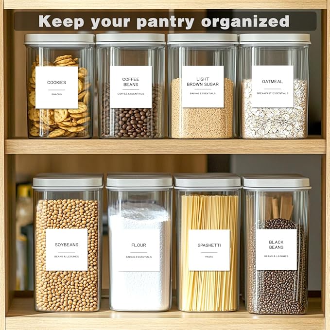 288 Pantry Labels for Food Containers, Preprinted Minimalist Waterproof Stickers for Organizing Storage Bins, Jars and Kitchen