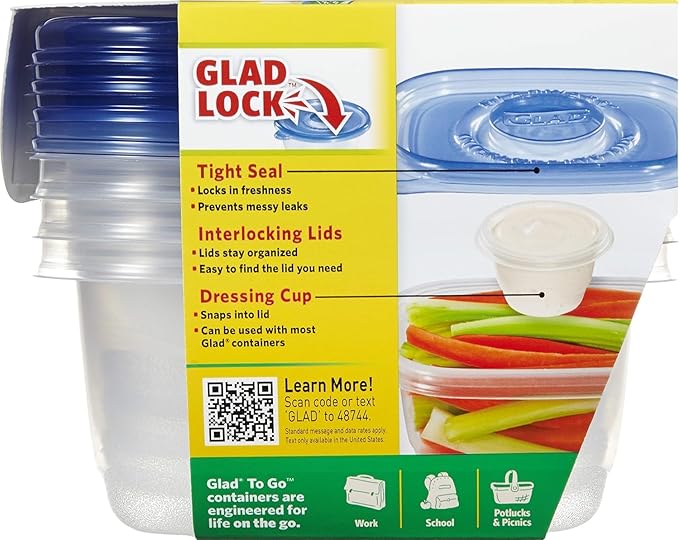 Glad GladWare To Go Snack Food Storage Containers with Lids, Medium Rectangle BPA Free Plastic with Built-In Dressing Cup for Salads and Snacks, Microwave Dishwasher Safe, 24 Oz, 4 Count - 2 Pack