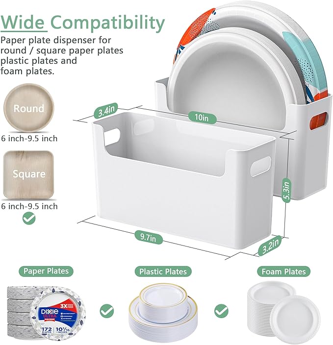 3Pcs Paper Plate Dispenser for 6-9.5 Inch Disposable Plates, Space-Saving Plastic, Foam and Paper Plate Storage Organizer for Cabinet, Countertop, RV or Outdoor (White)