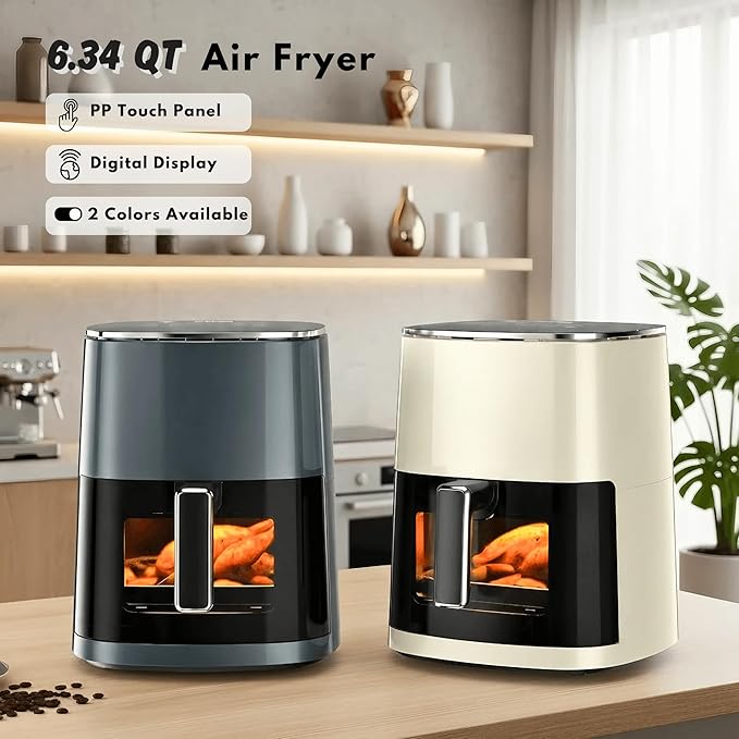 Airfryer 12-in-1,Large Air Fryer 6QT, Square Airfryers Non Toxic, Cooking, Fries, Custard, Chicken Wings, Sea Food, Vegetabels, Nonstick & Easy-Clean Basket, Beige