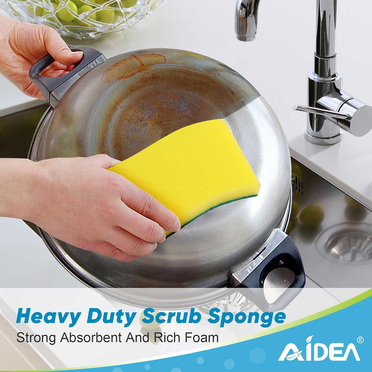 AIDEA Sponges Kitchen, XL Heavy Duty Dish Sponge, Cleaning Dish Scrubber Sponge for Home and Kitchen, Extra Large Cleaning Supplies for Pots, Pans, 6 Pack