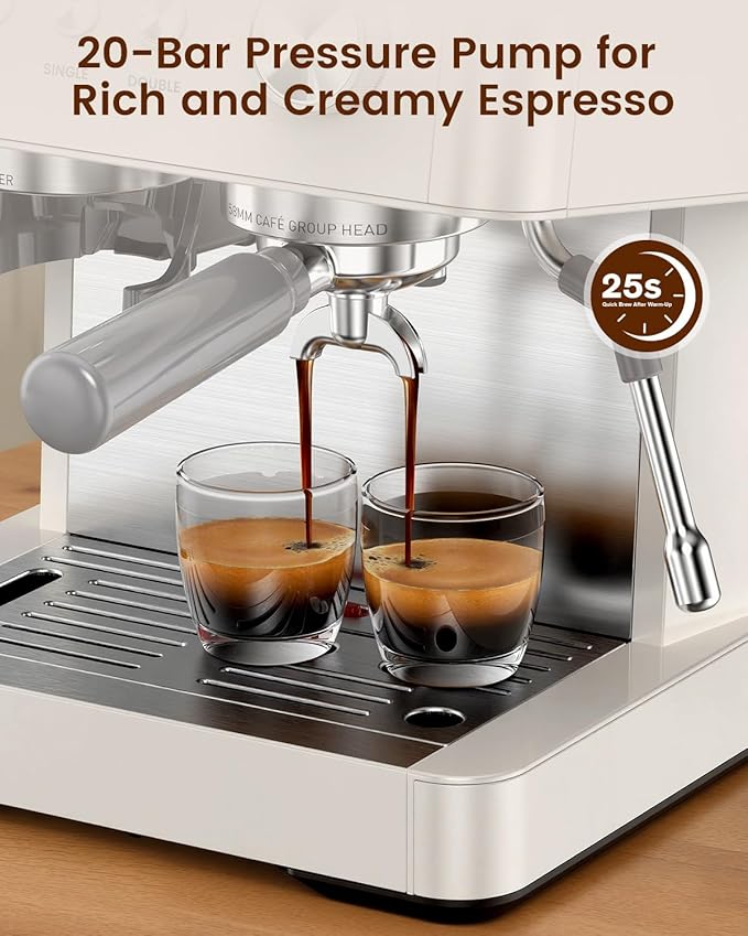(2026 Upgrade) 20 Bar Espresso Machine with Built-in Anti-Clog Coffee Grinder, Expresso Coffee Machines with Milk Steam Wand/Frother/Tamping Tools,Espresso Maker with Grinder for Lattes-White
