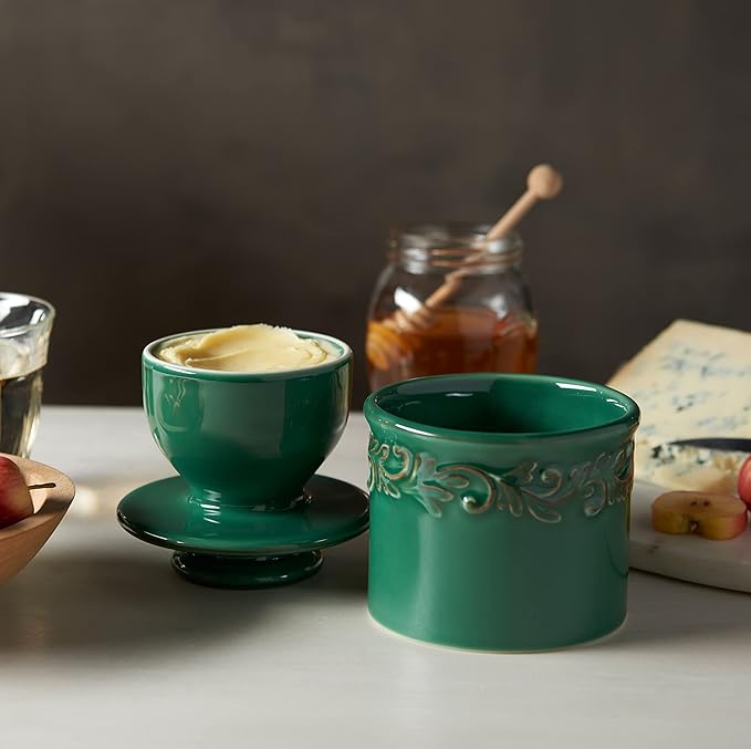 Butter Bell - The Original Butter Bell crock by L Tremain, a Countertop French Ceramic Butter Dish Keeper for Spreadable Butter, Antique Collection, Emerald