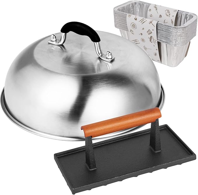 SHINESTAR Cast Iron Griddle Press with 12-Inch Melting Dome for Blackstone, Perfect for Bacon, Burger, Panini, Come with 20-Pack Grease Cup Liners