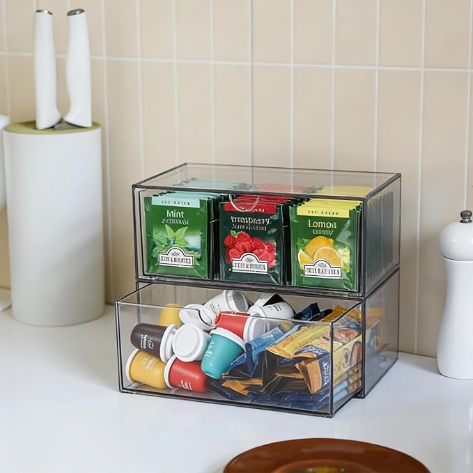 CLUQMEIK 2 Acrylic Tea and Coffee Organizer, 9 Grids Tea Bag Organizer Box and 1 Compartment Coffee Pod Storage Box, Acrylic Drawers Stackable Design Suitable for Storing Pods Creamers Sugar Packets