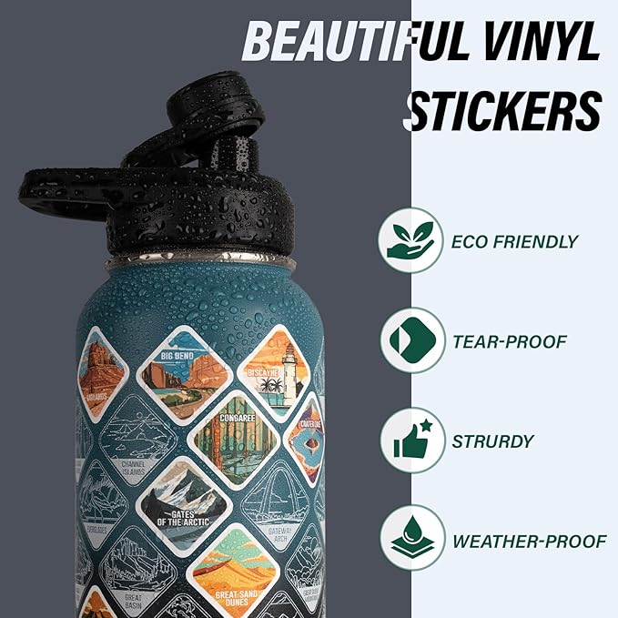 DYSANKY National Parks Water Bottle – 32 oz Insulated Stainless Steel Bottle with 63 Hand-Drawn Park Stickers, Carrier Bag, Strap & Gift Box – BPA-Free – Ideal for Hiking, Camping & Travel