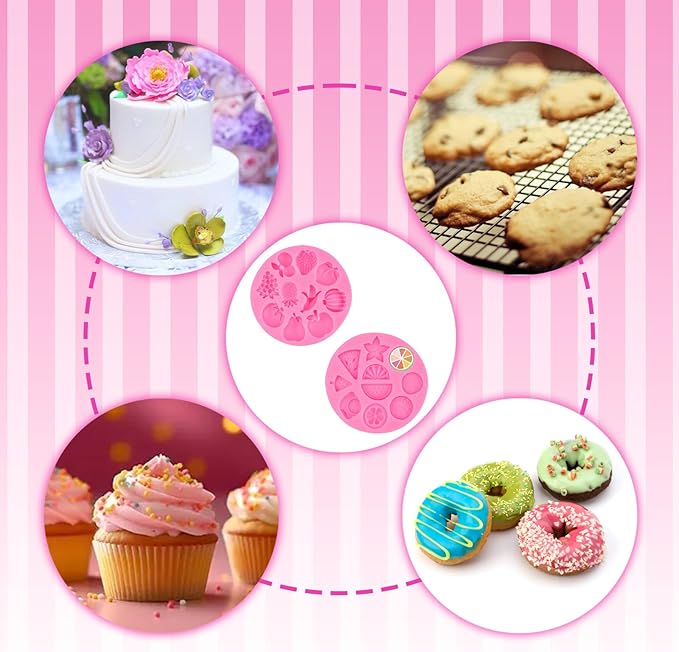 2 Pack Fruit Silicone Molds Set, Small Fondant Mold for Cake Decoration, Chocolate, Candy, Resin, Clay - Mini Watermelon Lemon Strawberry Banana Mold for Cupcake Topper