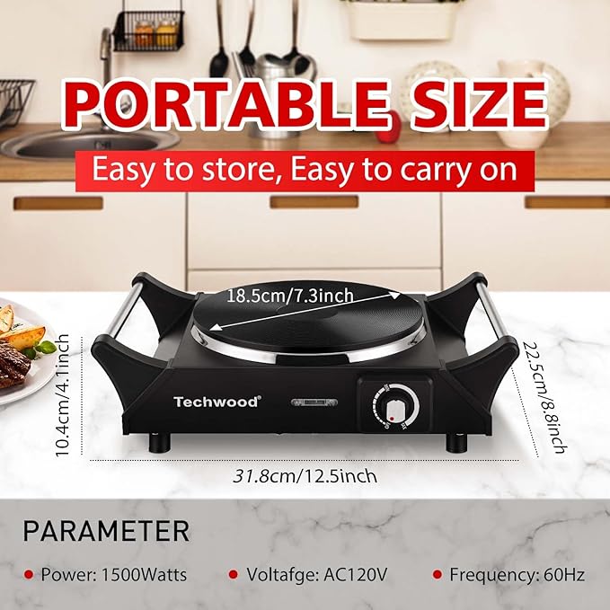 Techwood Hot Plate Portable Electric Stove 1500W Countertop Single Burner with Adjustable Temperature & Stay Cool Handles, 7.3” Cooktop for Dorm Office/Home/Camp, Compatible for All Cookwares