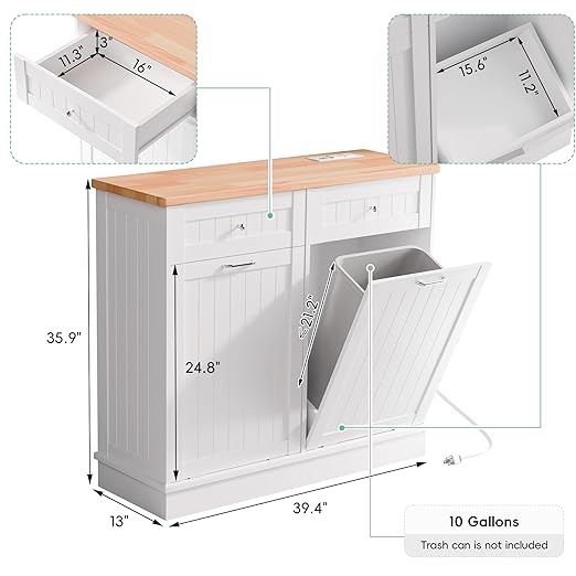Betterhood Double Tilt Out Trash Cabinet with Power Outlet, 10 Gallon Trash Cabinet with Storage,Pet Proof Trash Can with 2 AC & USB Sockets for Kitchen,Living Room (White, Double Door)