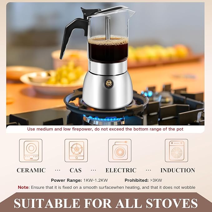 Moka Pot Stovetop Espresso Maker, Crystal Glass-Top & 304 Stainless Steel Italian Coffee Brewer, 300ml 6-Cup Espresso Pot for Home & Camping, Silver