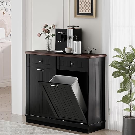 Betterhood Double Tilt Out Trash Cabinet with Power Outlet, 10 Gallon Trash Cabinet with Storage,Pet Proof Trash Can with 2 AC & USB Sockets for Kitchen,Living Room (Black, Double Door)