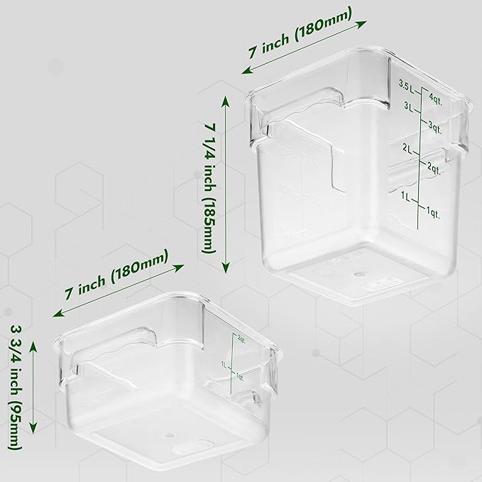 CURTA 4-Pack Food Storage Containers with Green Lids - 2 Qt & 4 Qt Square Clear Polycarbonate - NSF Listed, Commercial Grade, Freezer & Dishwasher Safe, Stackable