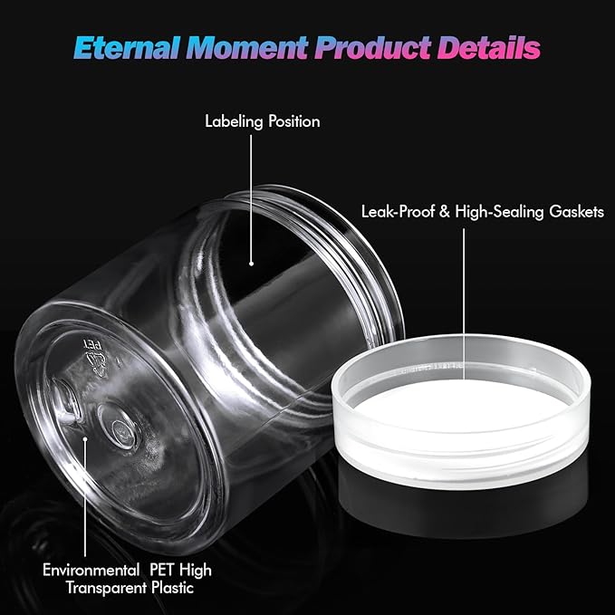 50 Pack 4 OZ Plastic Jars Round Clear Cosmetic Container with Clear Lids, Eternal Moment Slime Jars for Lotion, Cream, Ointments, Makeup, Eye shadow, Rhinestone, Samples, Pot, Travel Storage