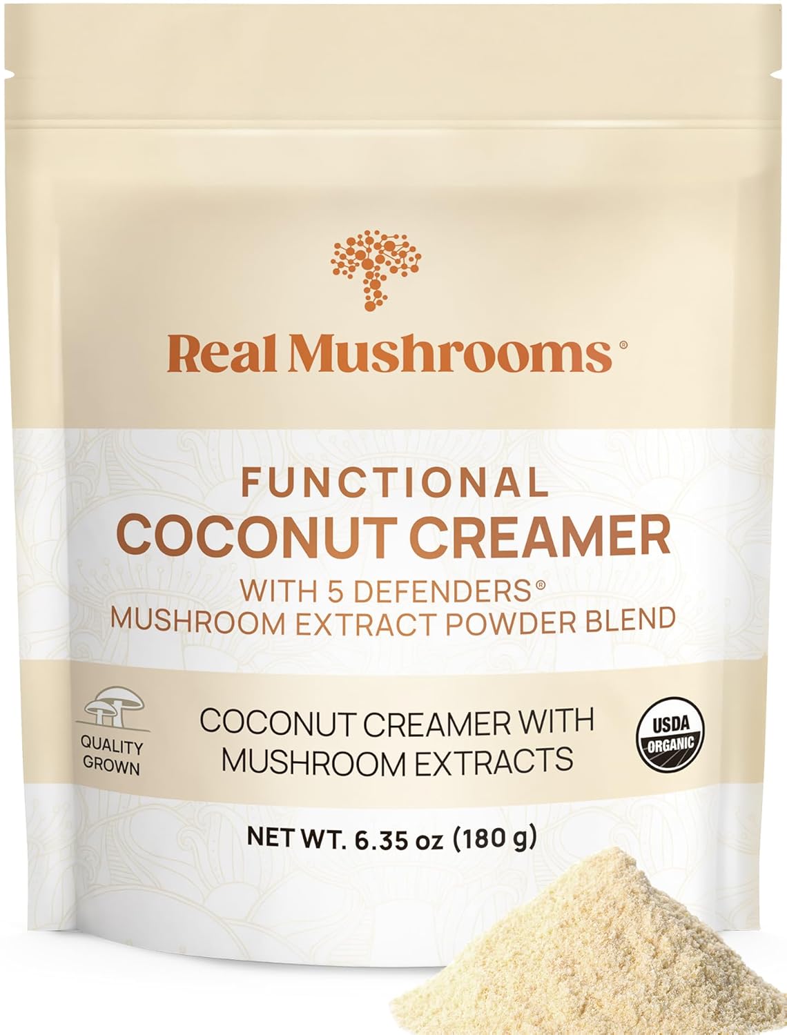 Real Mushrooms Functional Coconut Creamer with Reishi, Lucuma & Ceylon Cinnamon – Organic, Dairy-Free – Vegan Coffee Creamer for Smoothies & Drinks – 90 Servings Organic Cream Coconut Powder